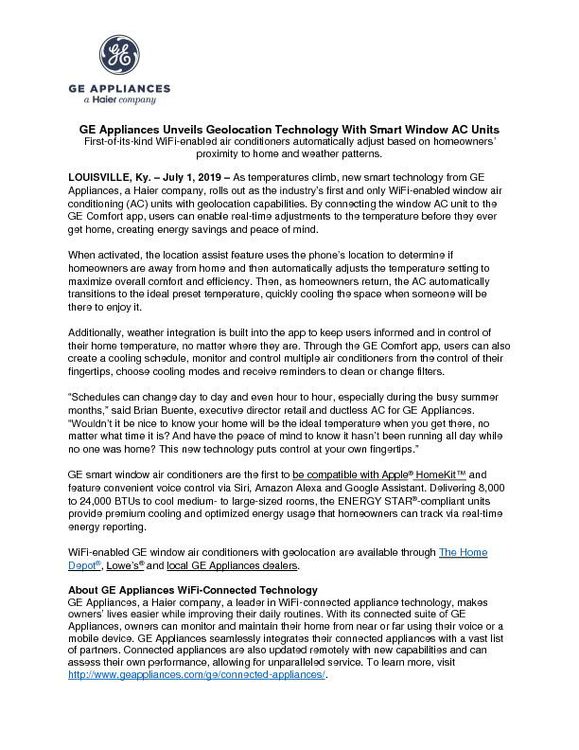 GE Appliances Unveils Geolocation Technology with Smart Window AC Units Press Release
