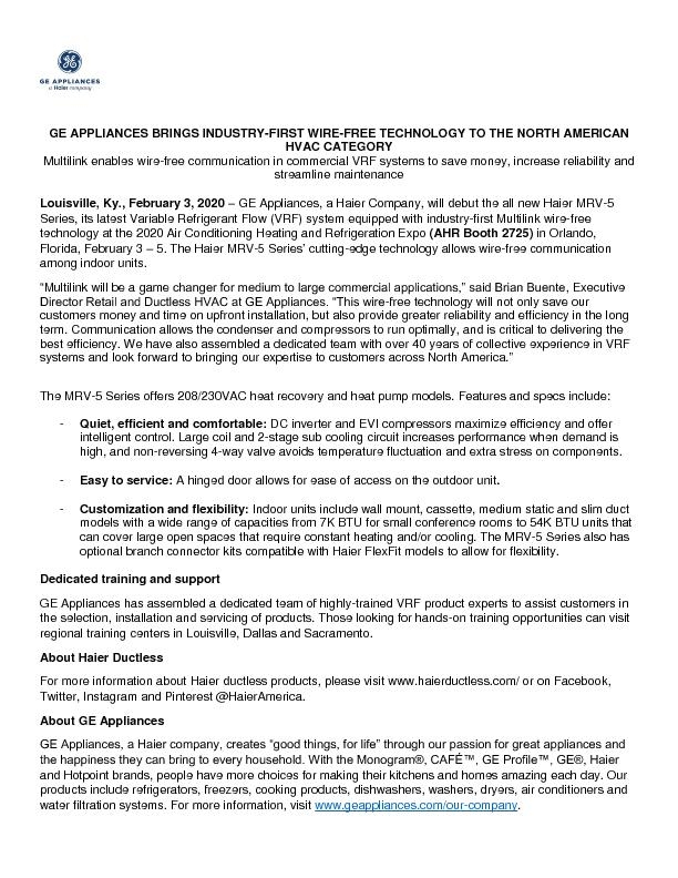 GE Appliances MRV5 Launch AHR 2020 FINAL