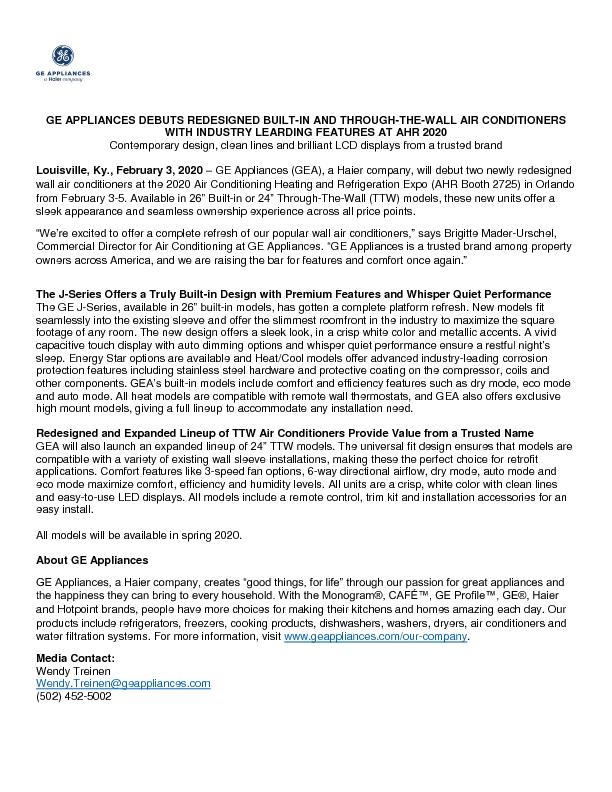 GE Appliances Room Air Conditioners AHR 2020 FINAL