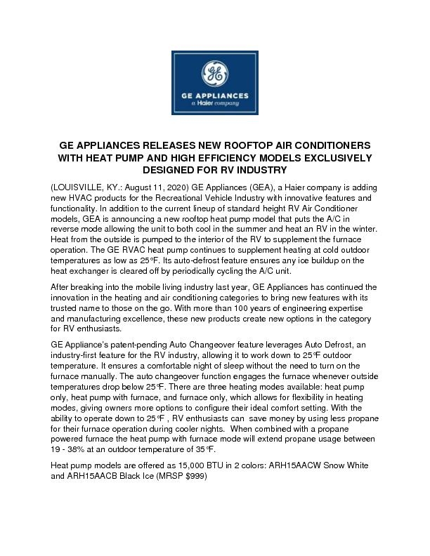 GE Appliances Releases New Rooftop Air Conditioners With Heat Pump and High Efficiency Models Exclusively Designed For RV Industry_PressRelease