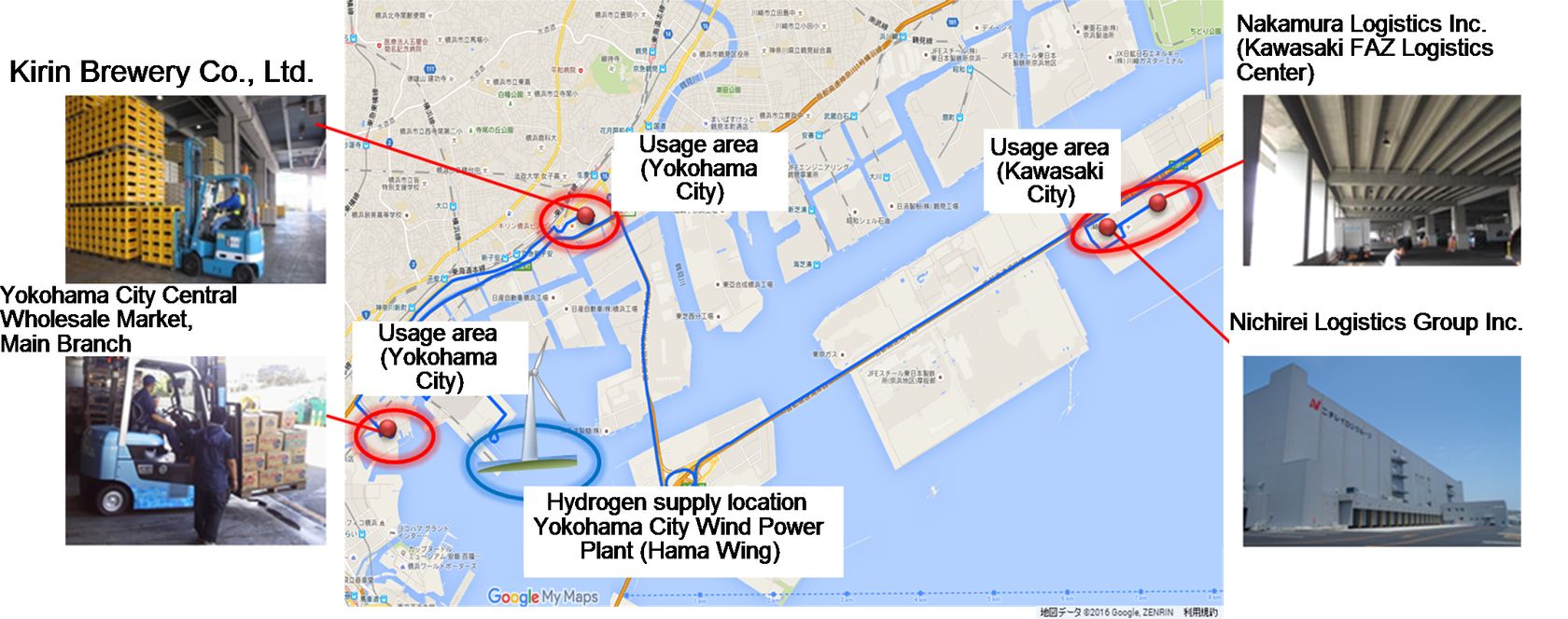 Map of locations where fuel cell forklifts will be used and hydrogen transportation routes