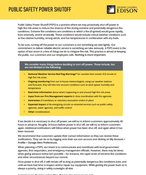 Public Safety Power Shutoff - 1 pager (English)