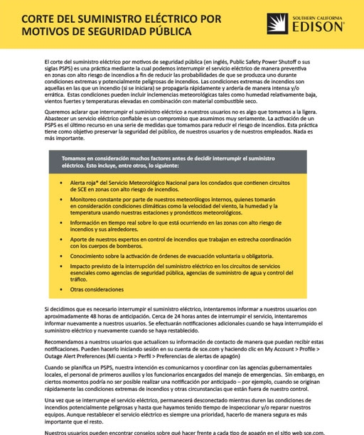 Public Safety Power Shutoff - 1 pager (Spanish)