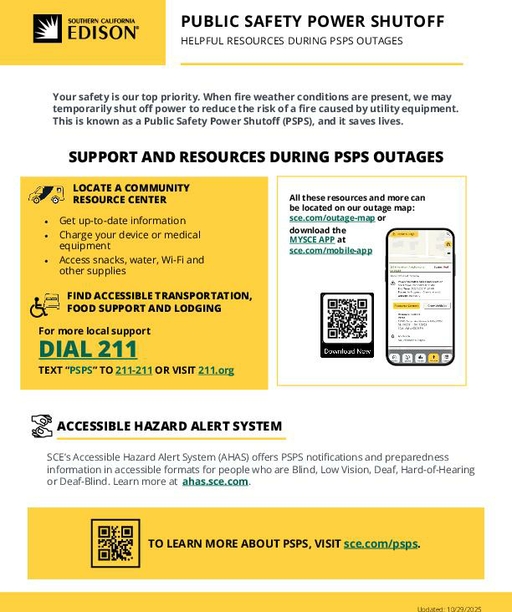 Southern California Edison flyer provides information on support resources during Public Safety Power Shutoffs, including community resource centers, accessible transportation, lodging, and a hazard alert system, with QR codes for additional details.