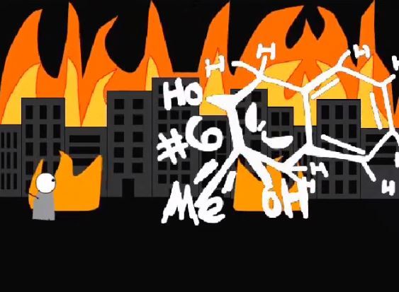 A scene from the music video, "Alkenes are Used for These"