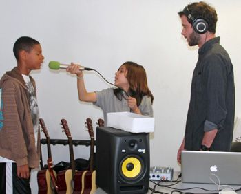 Students recording their rap song with Berkowitz
