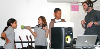 Students recording their song with Berkowitz