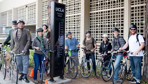 Bicyclists at the unveiling of the new UCLA bike counter.