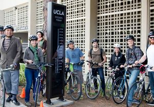 Bicyclists at the unveiling of the new UCLA bike counter.
