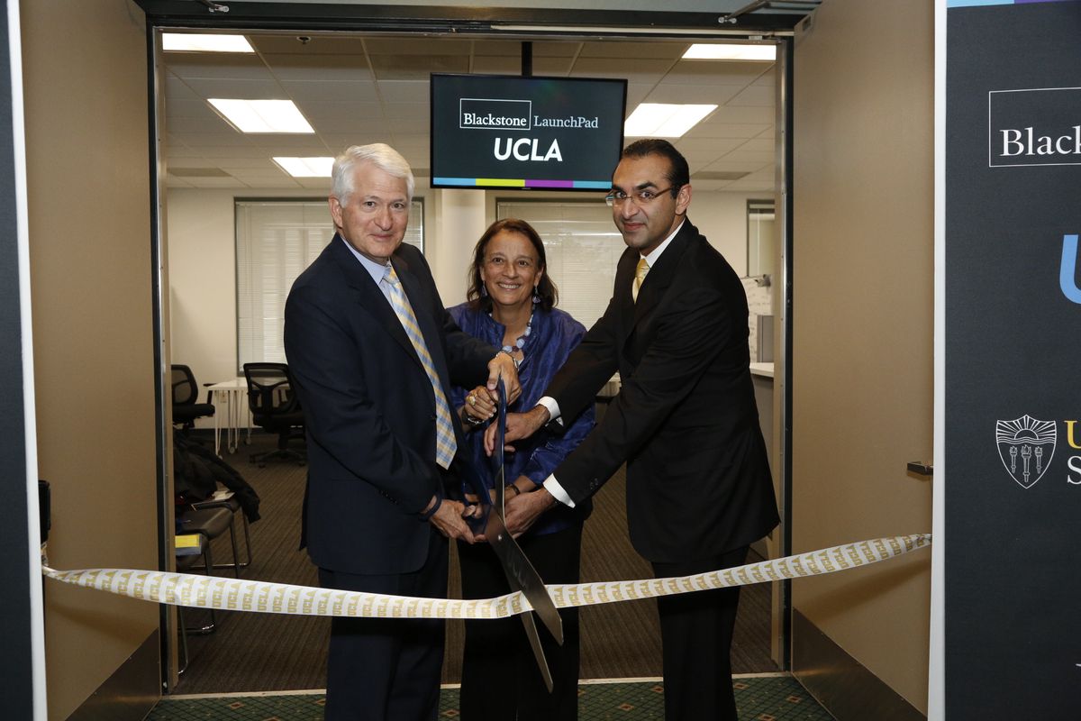 Chancellor Gene Block, Patricia Turner, dean and vice provost for UCLA Undergraduate Education, and Sean Madnani, Blackstone senior managing director 