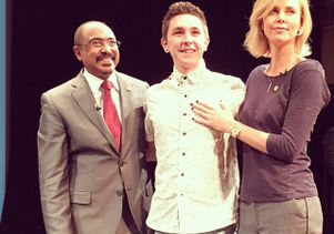 Michel Sidibé, UCLA student Zakk Marquez of the UCLA Sex Squad and Charlize Theron