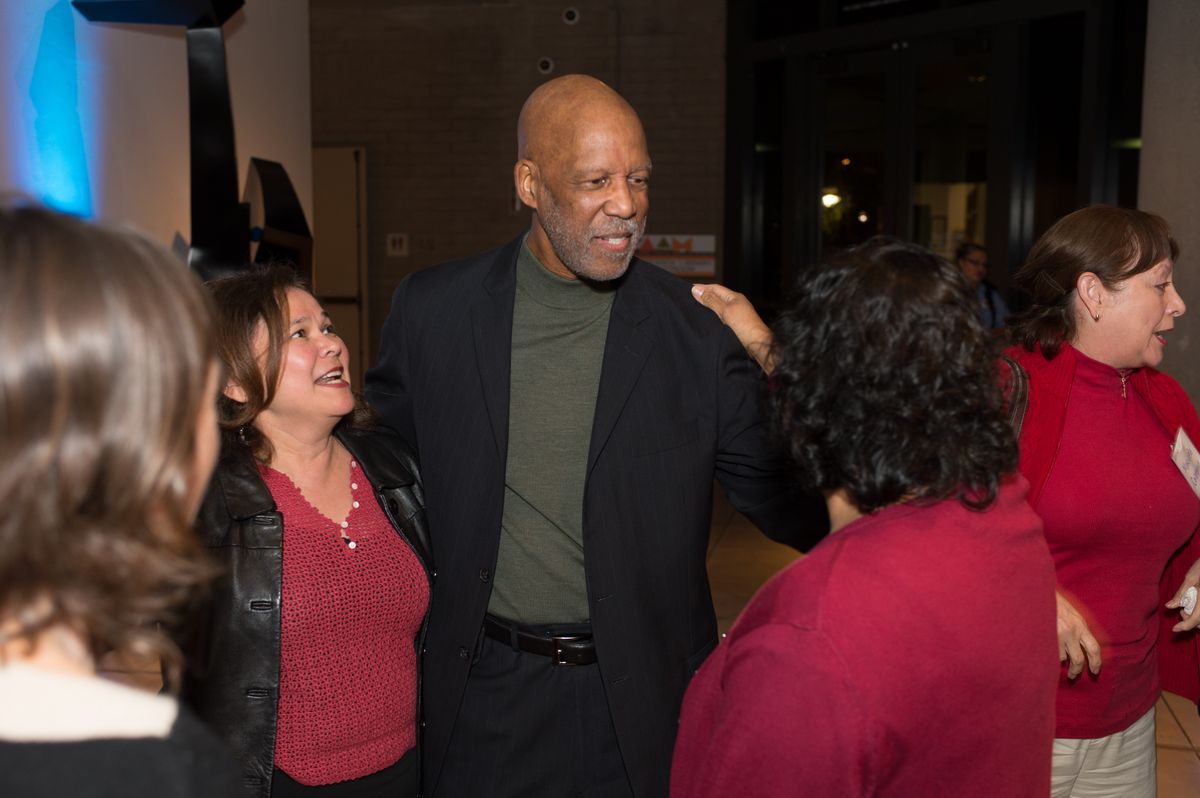 Terrence Roberts meets with those attending his talk