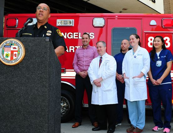 LAFD Interim Chief James Leatherstone, Jode Lebeda and UCLA medical staff