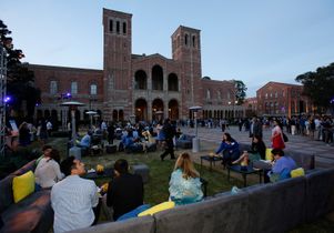 Crowd gathers outside Royce Hall