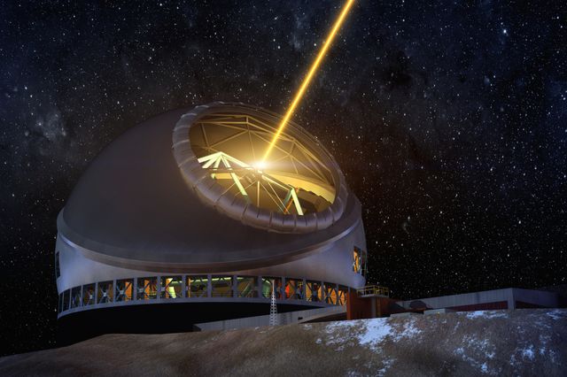 An artist's rendering of the Thirty Meter Telescope at night