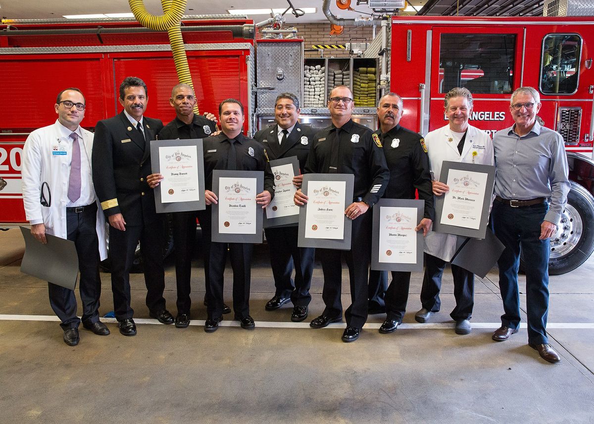 Dr. Olcay Aksoy, LAFD Chief Ralph Terrazas, LAFD staff, Dr. Mark Morocco, Charles Gold 