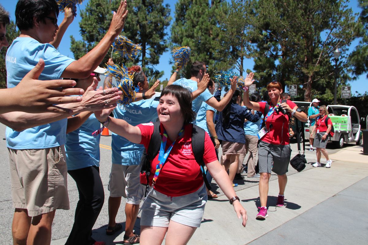 UCLA volunteers welcome the Special Olympics delegation from Austria
