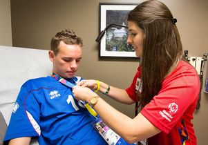 Special Olympics athlete Sigurdur Gudmundsson and Laura McDonough, an administrative fellow with UCLA Health Operations and manager of the polyclinic