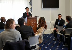 Congressman Ted Lieu addresses the UCLA delegation.