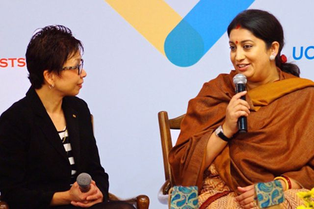 UCLA Vice Provost Cindy Fan with Smriti Zubin Irani, Indian minister of human resources