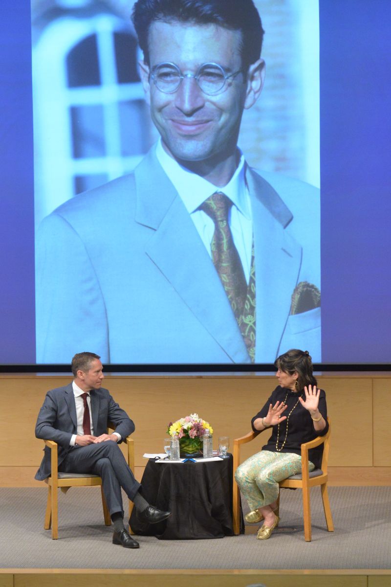 Kal Raustiala, Christiane Amanpour against backdrop of photo of Daniel Pearl