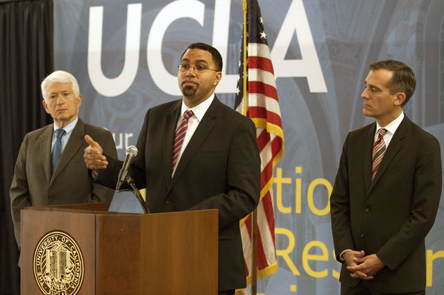Chancellor Gene Block, US Secretary of Education John B. King Jr. and Los Angeles Mayor Eric Garcetti