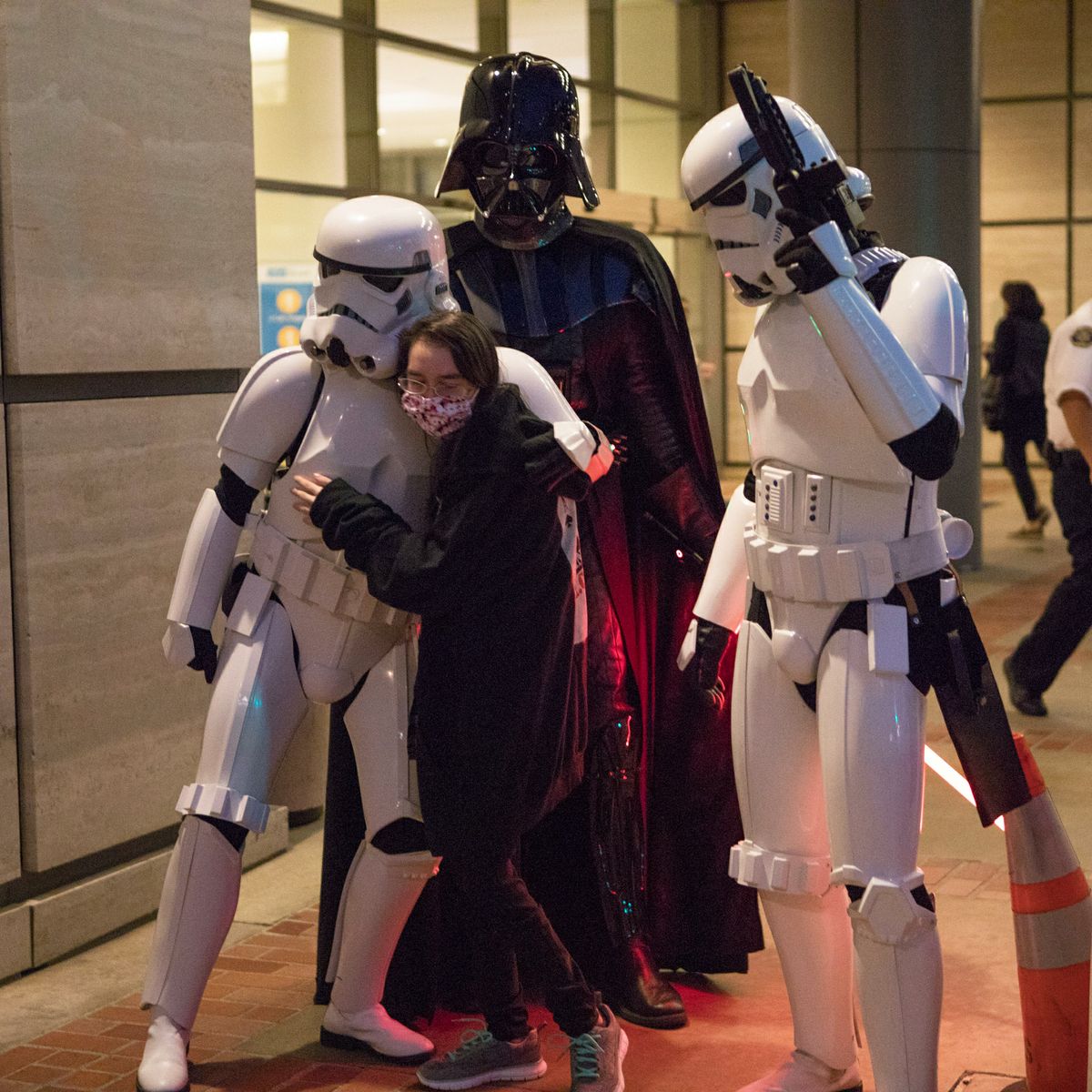 Kathlyn Chassey gets hug from "Star Wars" storm trooper