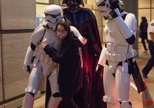Kathlyn Chassey gets hug from "Star Wars" storm trooper