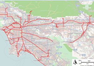 Map of routes of the Pacific Electric Railway in Southern California