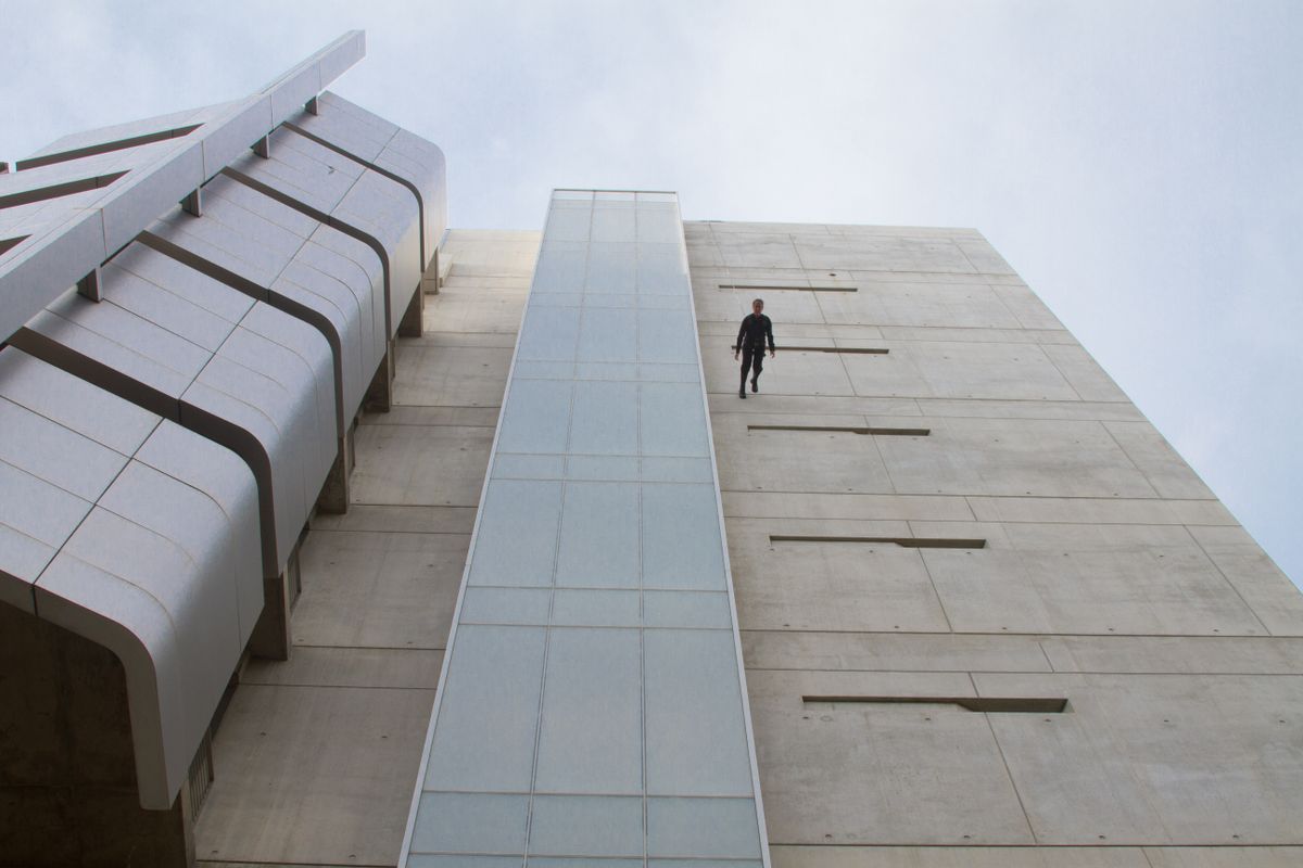 Man walking down Broad Art Center