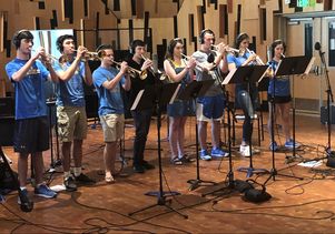 UCLA Bruin Marching Band trumpet section in studio