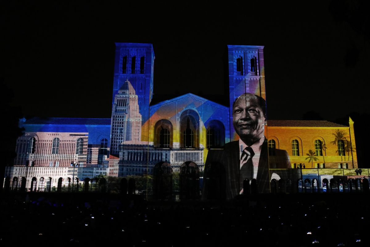 Tom Bradley projected on Royce Hall