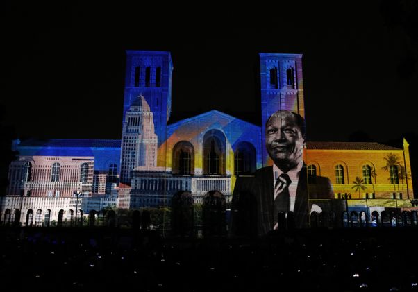Tom Bradley projected on Royce Hall