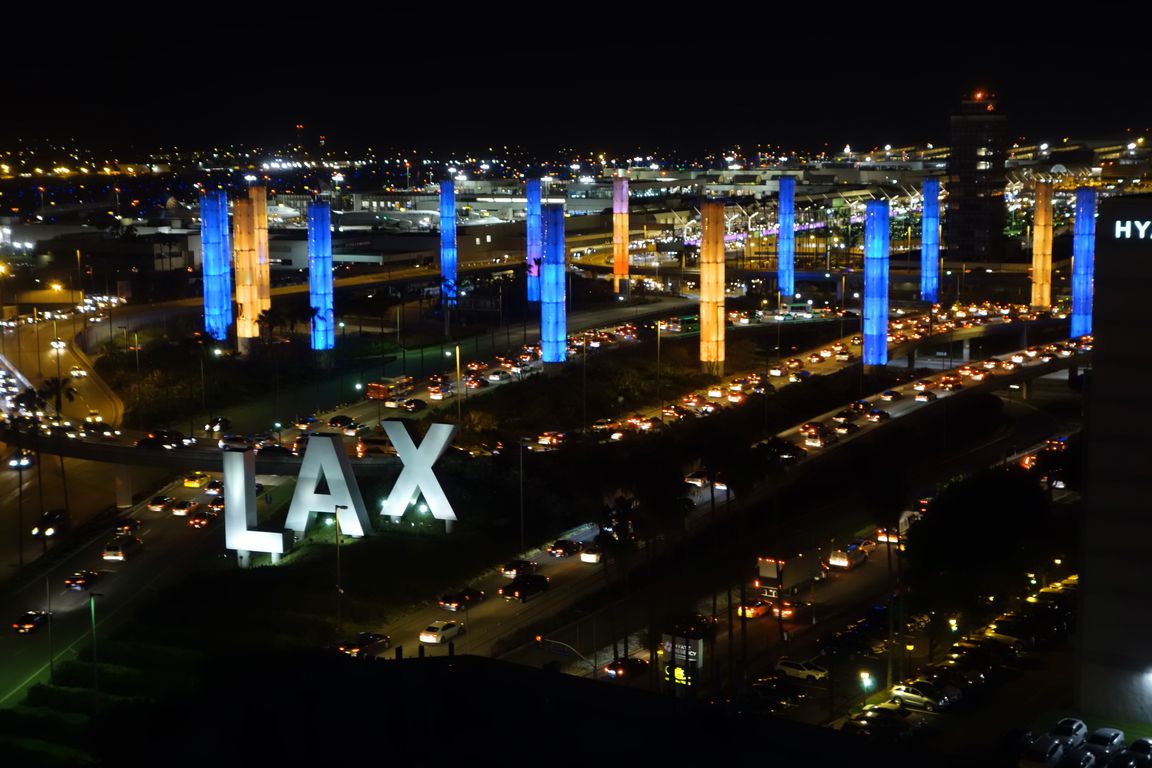 LAX pylons lit blue and gold