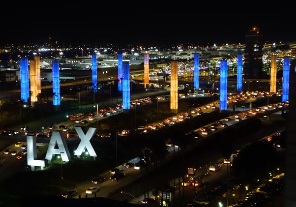 LAX pylons lit blue and gold