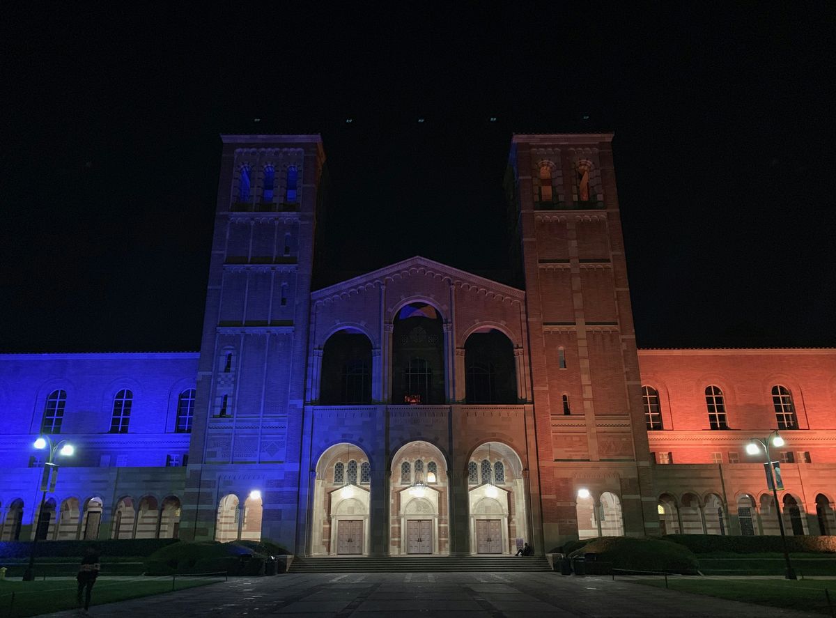Royce Hall lit in blue