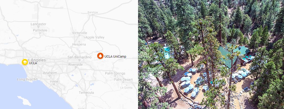 UCLA UniCamp is nearly 120 miles from Westwood Map of where UCLA UniCamp is side-by-side with a drone shot of UCLA UniCamp.