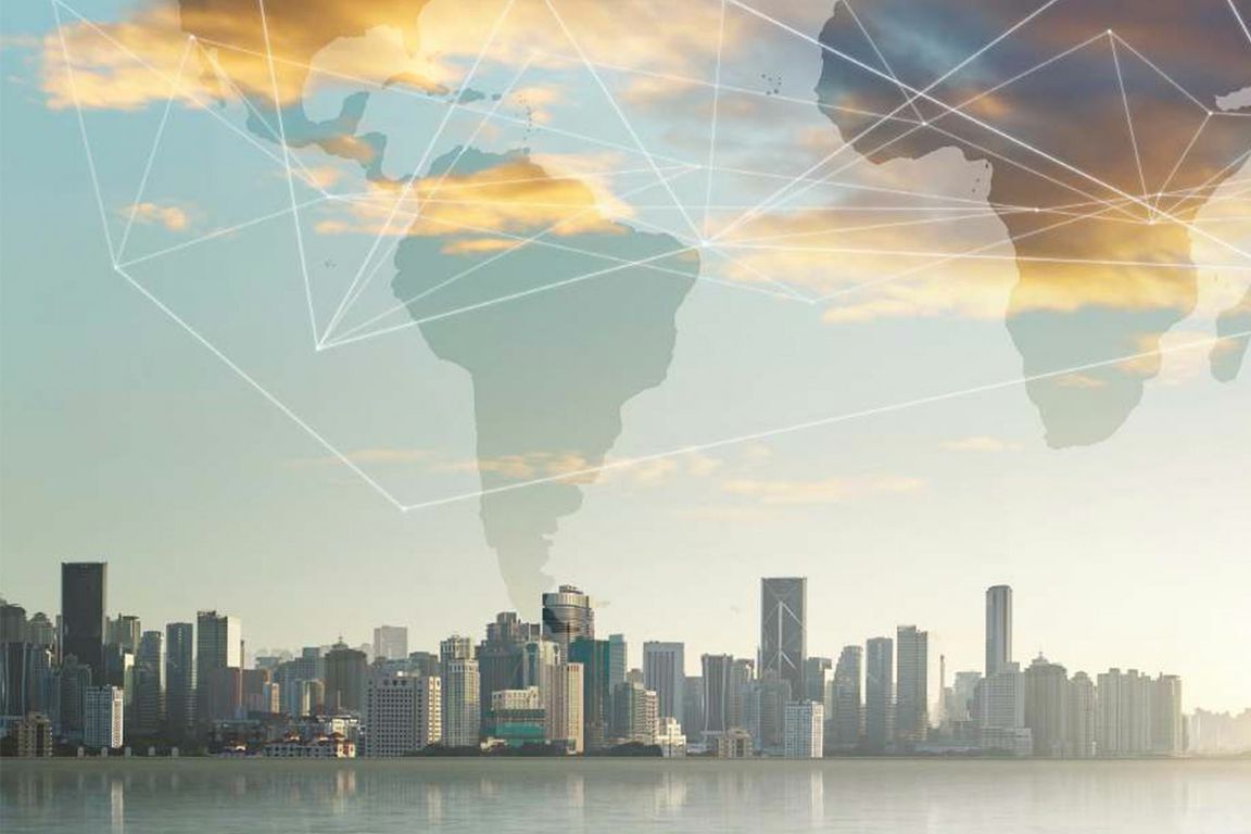 City with map of world in sky