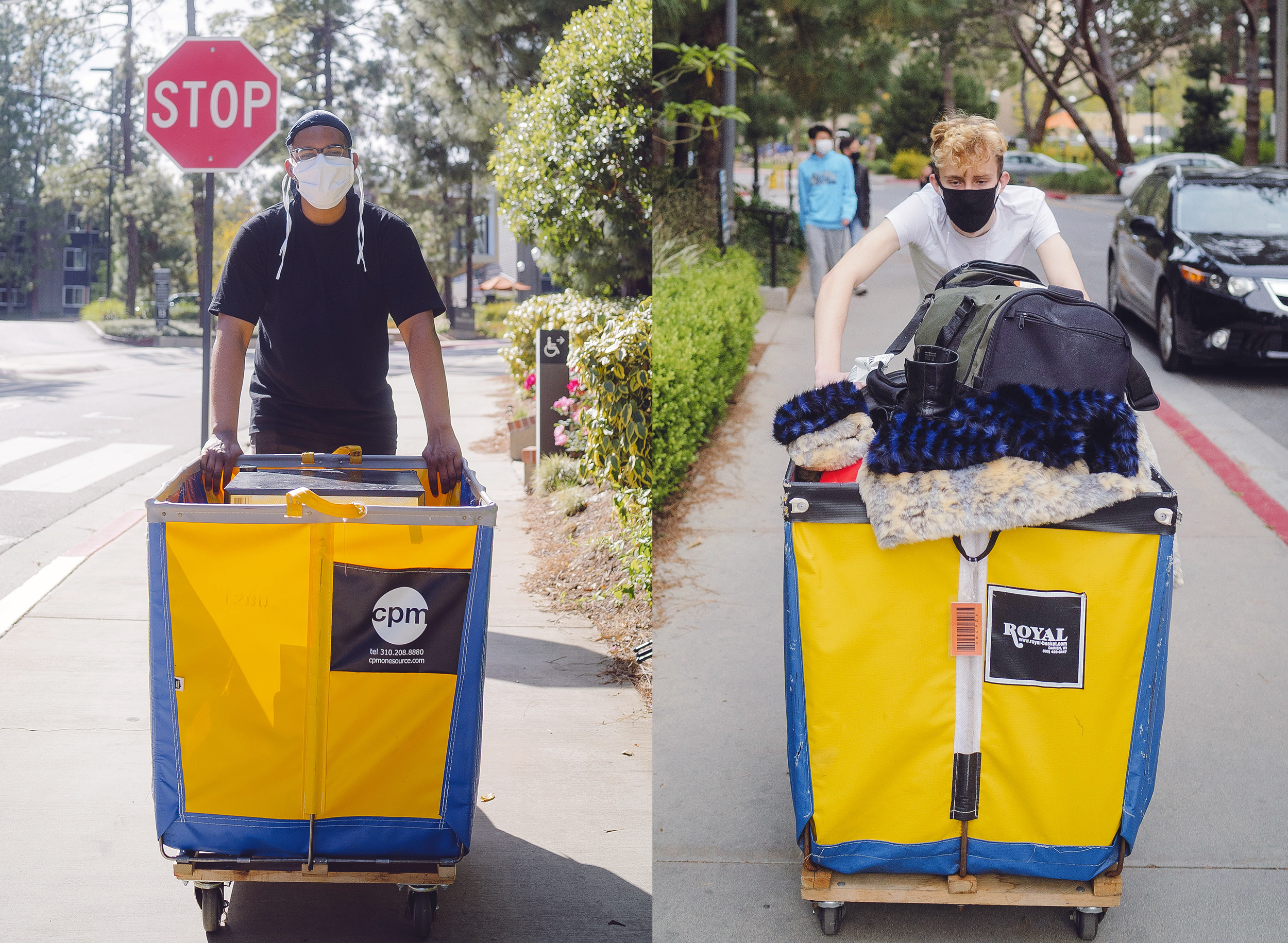 Jeremy Kirksey and Jake Elliot pushing carts of belongings