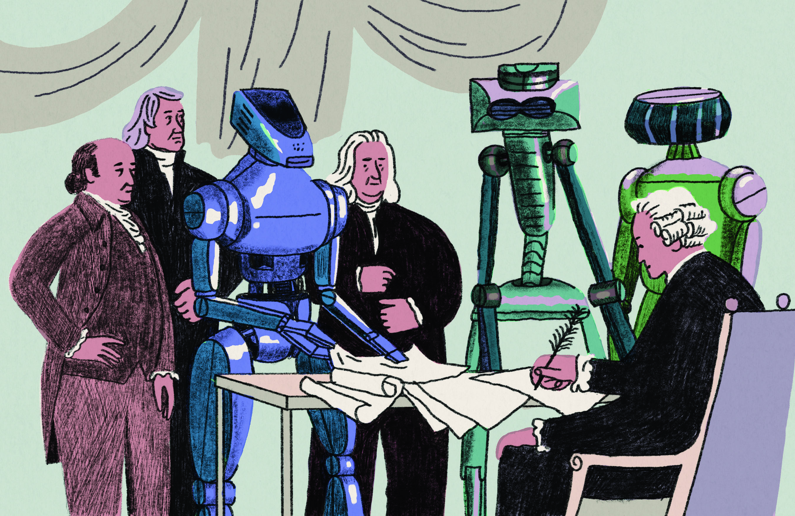 Robots with men looking at papers