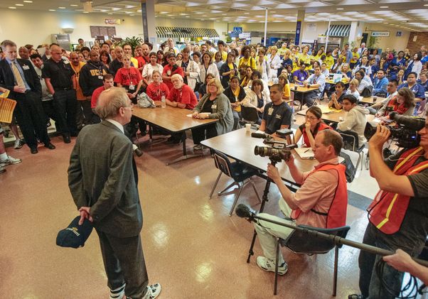 Levey addresses staff on moving day