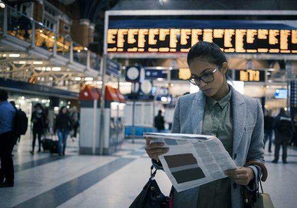 Woman reading newspaper in train station