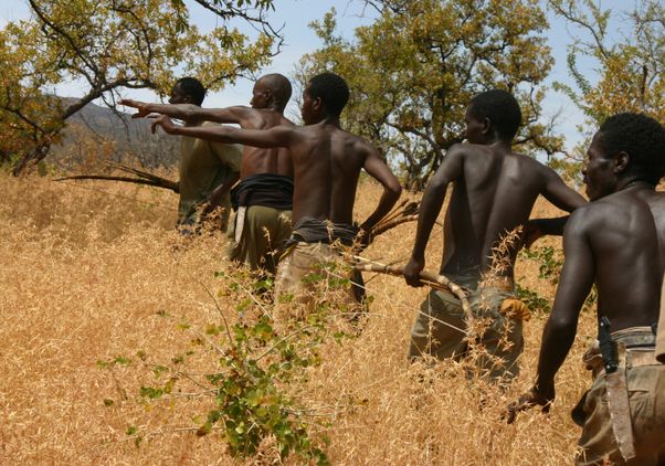 Men hunting zebra