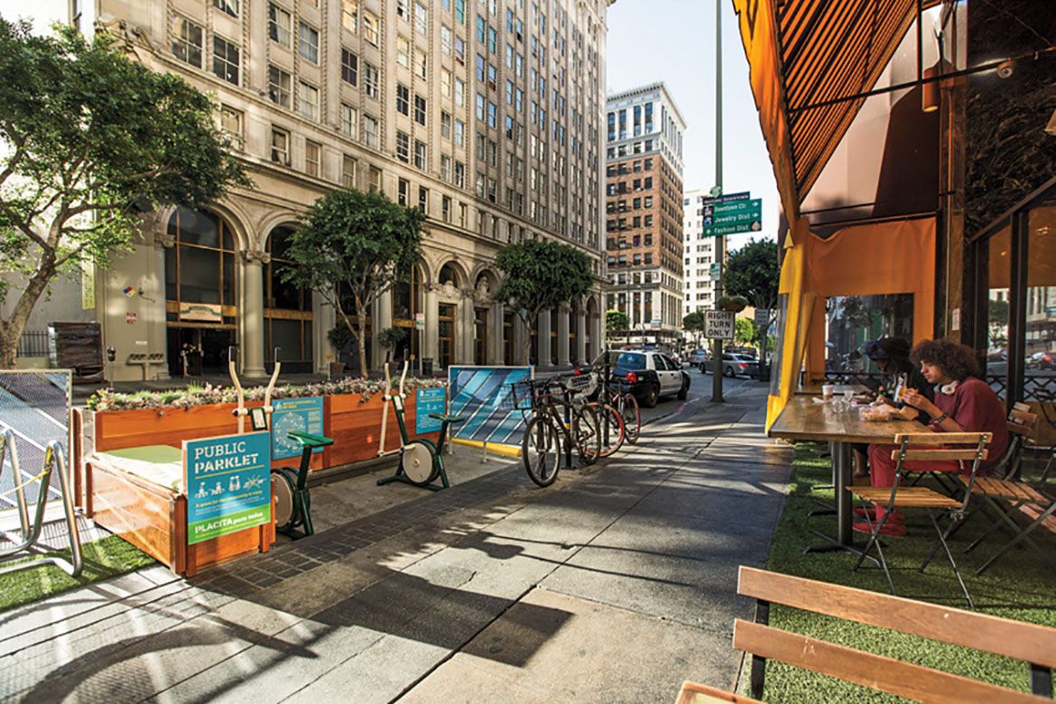 Students at the Luskin School of Public Affairs helped create parklets in downtown Los Angeles — small spaces furnished with exercise equipment and seating areas.