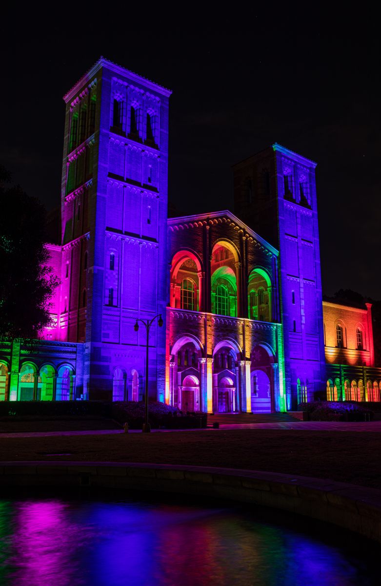 Royce Hall and Shapiro Fountain in rainbow 
