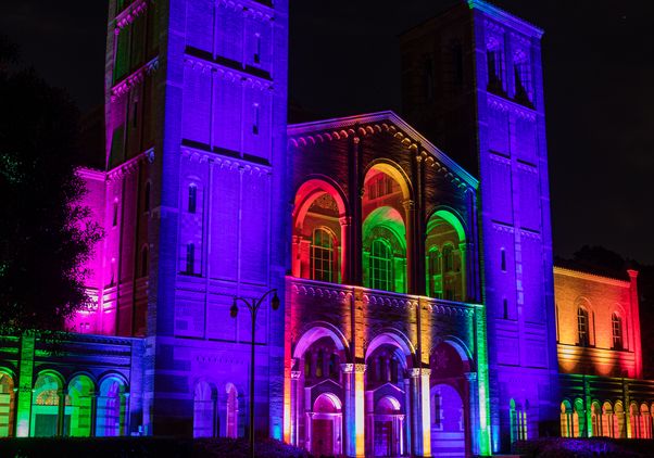 Royce Hall and Shapiro Fountain in rainbow 