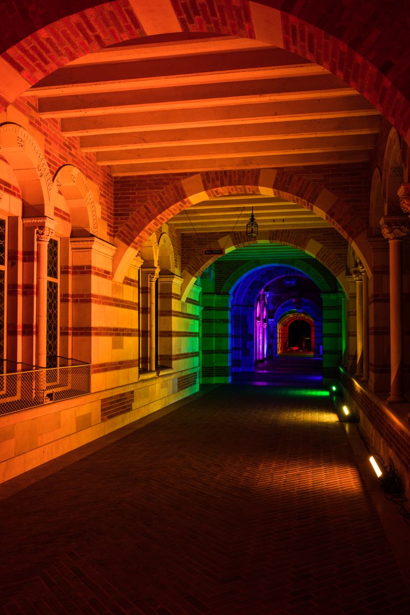Royce Hall portico in rainbow lights