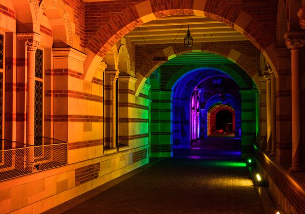 Royce Hall portico in rainbow lights