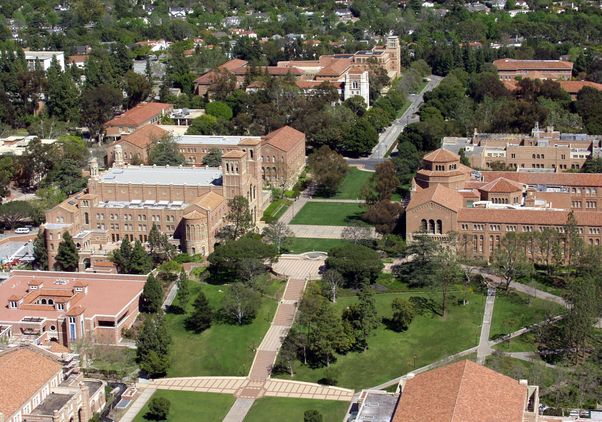 Aerial view of UCLA's Janss Steps and Dickson Plaza