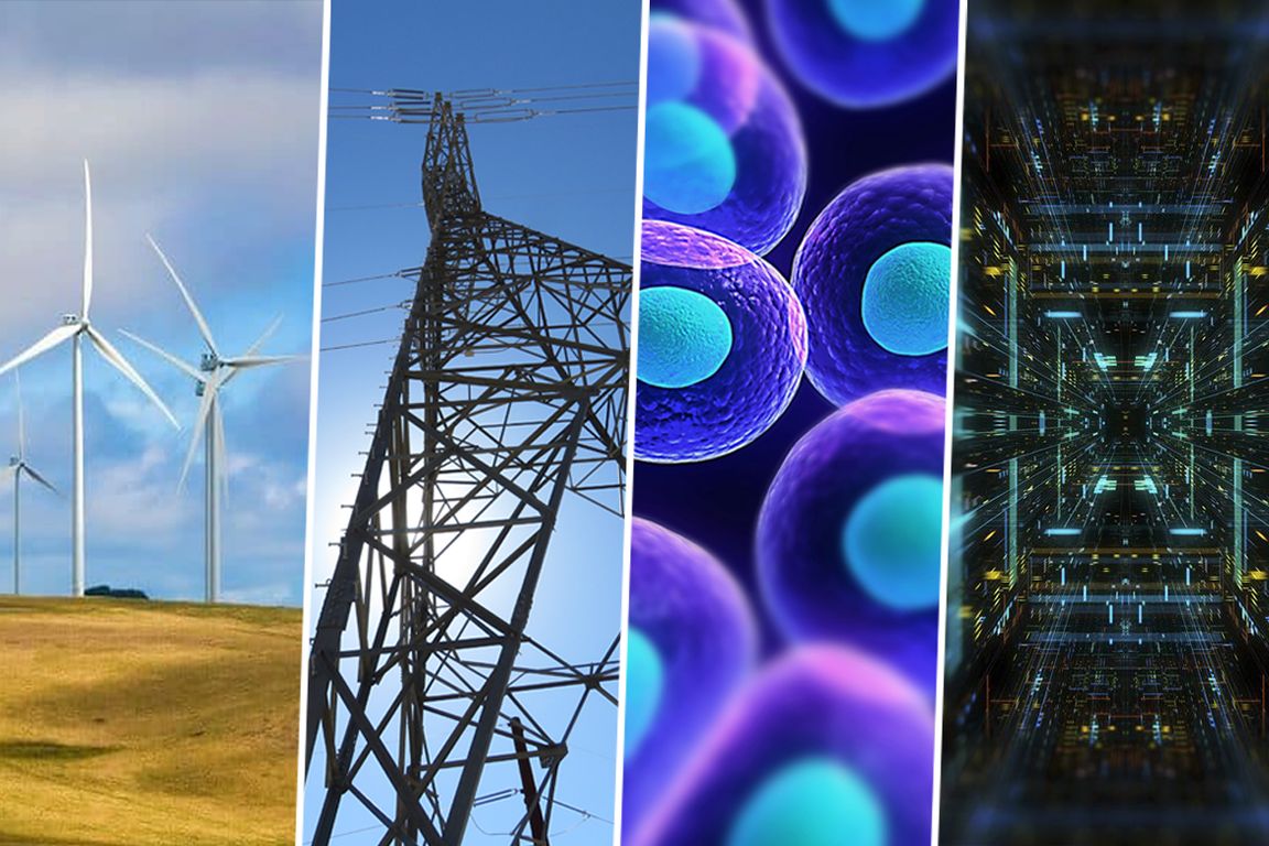 Composite image including windmills, electricity pylons, cells and  semiconductors